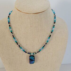 Handcrafted Blue & Black Beaded Necklace With Dichroic Glass Pendant